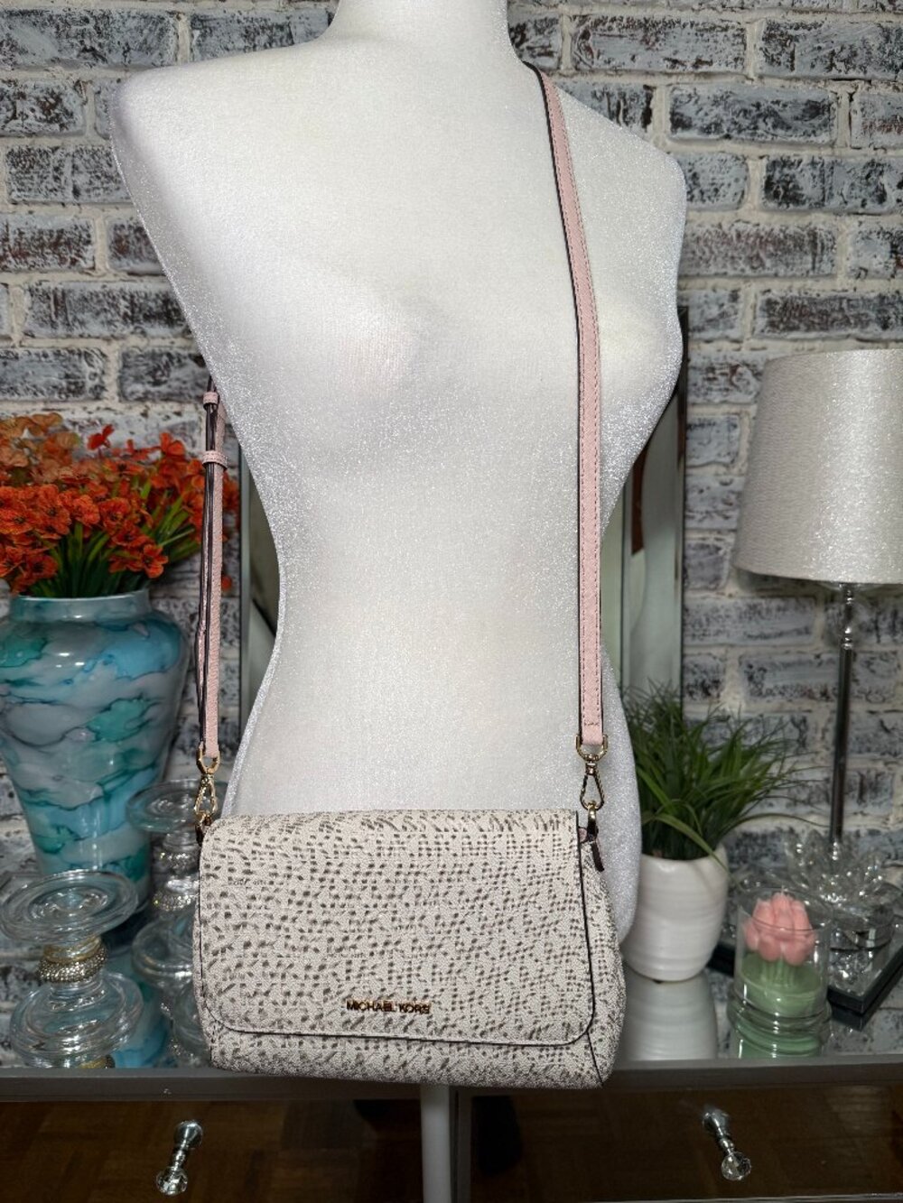 Michael Kors Medium Logo Convertible Crossbody Bag Vanilla Signature MK Monogram